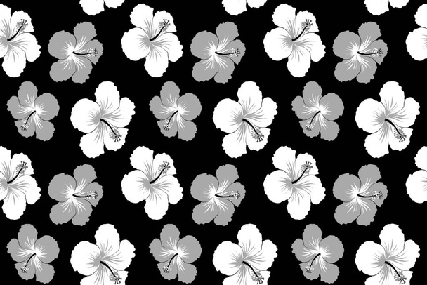 Siyah arka planda gri ve nötr renkli Hibiscus. Suluboya şeklinde tropik çiçeklerle. - Fotoğraf, Görsel