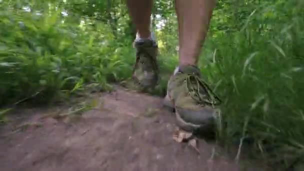 πρόσοψη των ποδιών περπάτημα mans φορώντας παπούτσια πεζοπορίας - Πλάνα, βίντεο