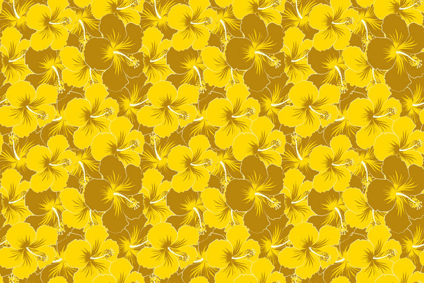Seamless pattern in brown and yellow colors. Hand drawn painting of brown and yellow hibiscus flowers. - Photo, Image