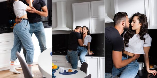 collage of bearded man hugging beautiful woman with closed eyes in kitchen  - Fotografie, Obrázek