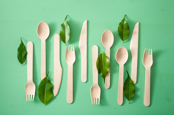 eco friendly wooden cutlery. plastic free concept - Photo, image