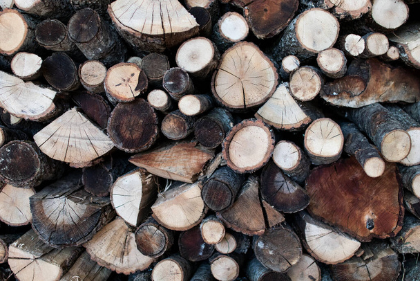 Деревянные бревна, обрезанные видимым зерном. Дерево для зимы с различными видами древесины
 - Фото, изображение