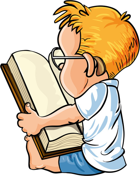 Fumetto bambino leggendo un grande libro
 - Vettoriali, immagini