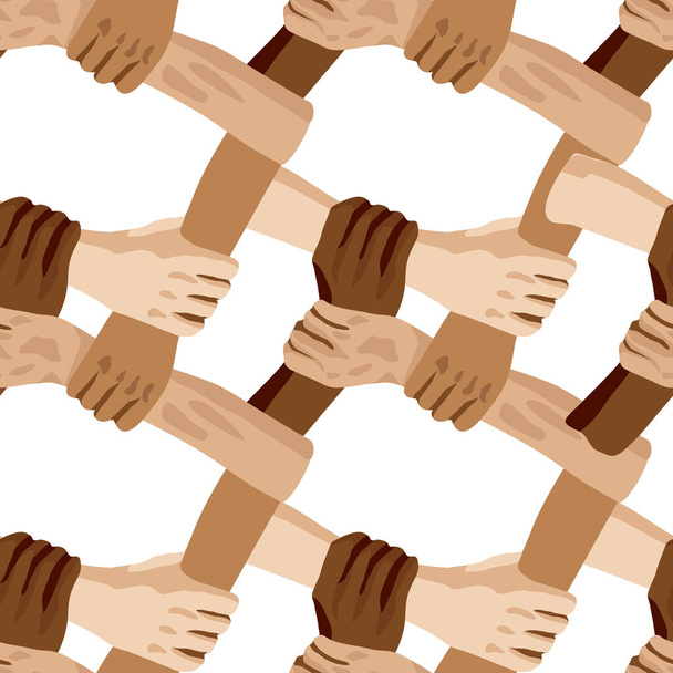 Verschillende rassen van mensen die elkaars hand bij elkaar houden. bovenaanzicht van handen van verschillende huidkleuren Vector illustratie - Vector, afbeelding
