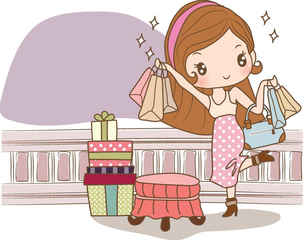 dziewczyna z torbami na zakupy i pudełkami - Wektor, obraz