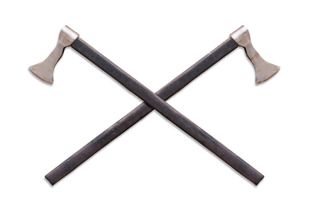 Σταυρωτοί παλαιοί μεσαιωνικοί άξονες αντίκες με ξύλινη λαβή. Απομονωμένο σε λευκό φόντο. - Φωτογραφία, εικόνα