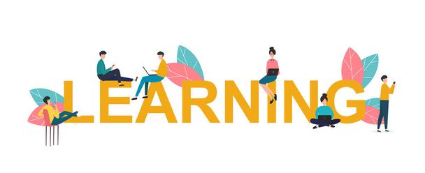 Word LEARNING és az emberek segítségével szerkentyűket tanulni online fehér háttér. Vektor illusztráció lapos stílusban - Vektor, kép