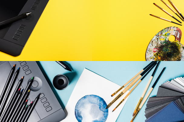 Колаж графічного планшета, кольорові олівці та акварельний малюнок на синьо-жовтій поверхні
 - Фото, зображення
