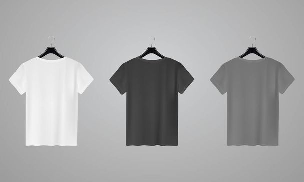 Realistisches Hemd-Attrappen-Set. T-Shirt-Vorlage. Weiße, schwarze und graue Version, Frontansicht. - Vektor, Bild