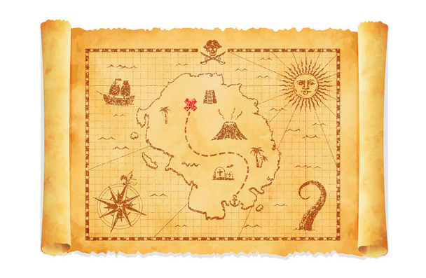 Old pirate treasure map vector illustratio - Vector, Image