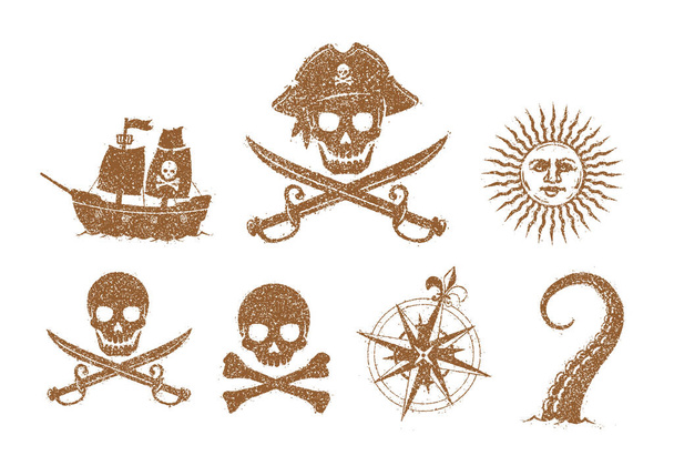 Pirate Flat Illustration Set / Grunge Textur (Totenkopf, Anker, Vulkan, Schiff, Kompass, Sonne, Kraken usw.).) - Vektor, Bild