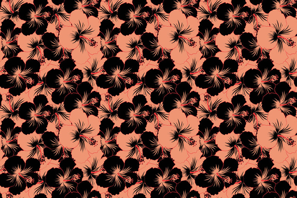 Seamless tropical flowers in black and pink colors. Hibiscus seamless pattern. - Φωτογραφία, εικόνα