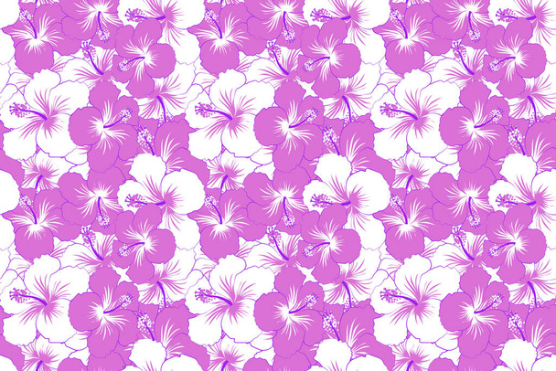 シームレスなパターン。シームレス熱帯の花、紫と白のハイビスカスのパターン. - 写真・画像