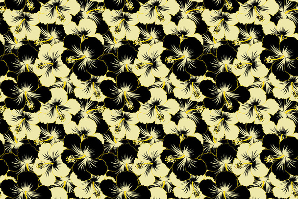 Nahtloses Blumenmuster mit schwarzen und gelben Hibiskusblüten, Aquarell. Nahtloses Muster mit floralem Motiv. Blumenillustration. - Foto, Bild