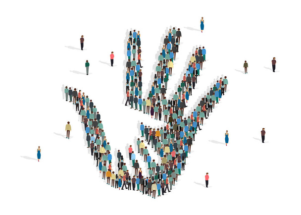 Charitable work. Adult and child hands made from people crowd on white background, vector illustration in flat style - Vektor, Bild