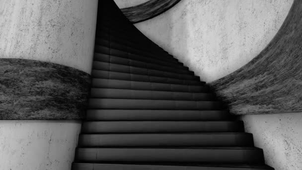 Grimpant les escaliers noirs en forme de spirale le long des murs gris, boucle transparente. Animation. Vue minimaliste du mouvement par escalier en colimaçon, monochrome
. - Séquence, vidéo