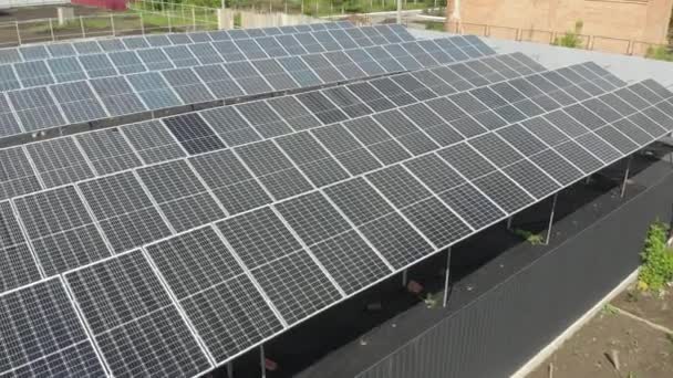 無人機からの太陽電池。代替ソーラーパネル発電所。地球の持続可能性。家のためのグリーンエネルギー。太陽の青い電気モジュールは地面に列に立っています - 映像、動画
