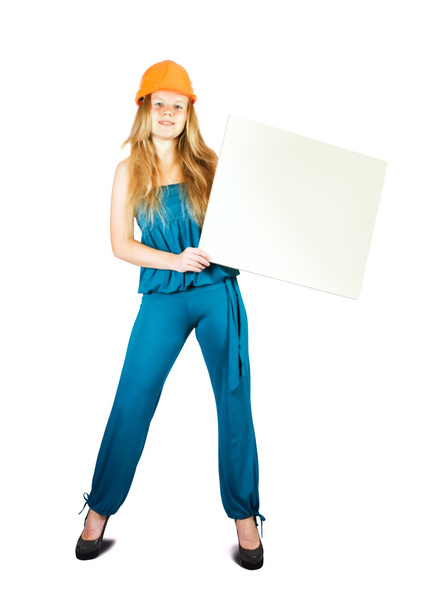 Housebuilder holds blank canvas - Фото, зображення