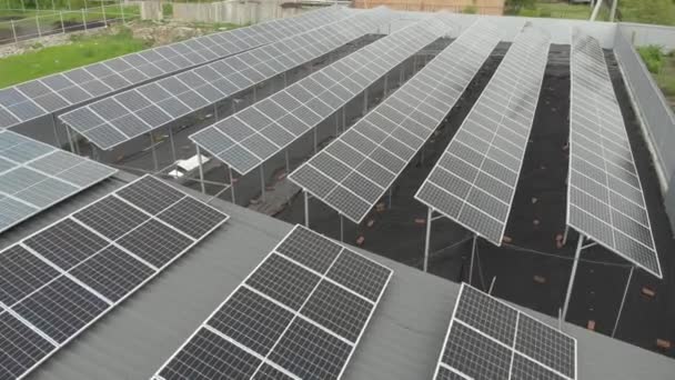 Zonnecellen van drone. Alternatieve zonnepanelen energiecentrale. Duurzaamheid van de planeet. Groene energie voor thuis. Zonblauw elektrische modules staat in rij op de grond - Video