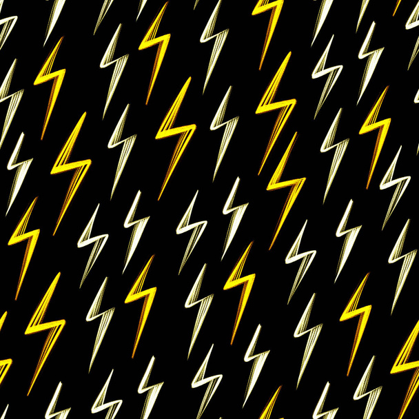 Vivid neon seamless pattern with hand drawn yellow and white flashes of lightning on a black background - Photo, Image