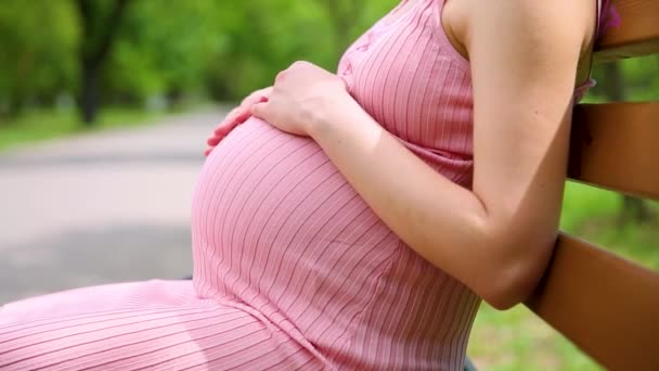 Έγκυος γυναίκα χαϊδεύει την κοιλιά σε ένα πράσινο πάρκο. Ευτυχισμένη έγκυος κοπέλα κάθεται σε ένα παγκάκι και χαϊδεύει απαλά το στομάχι του με το χέρι του σε μια ηλιόλουστη καλοκαιρινή μέρα - Πλάνα, βίντεο