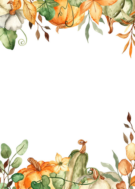 Pumpkins, autumn leaves, flowers. Watercolor rectangular frame - Photo, Image