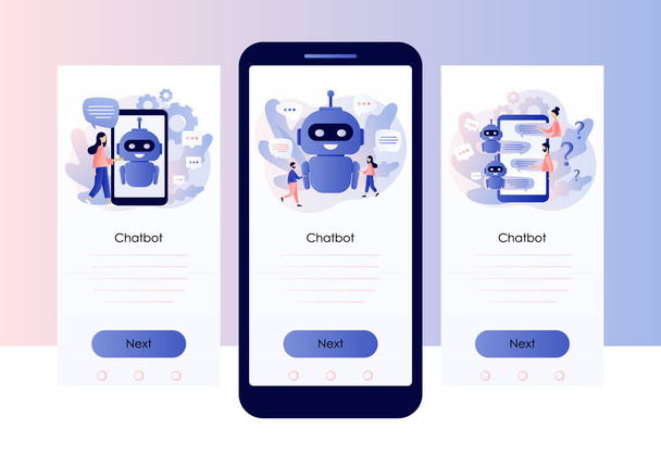 Chatbotin konsepti. AI robotti avustaja, online asiakastuki. Pienet ihmiset juttelevat chatbot sovellus. Näytön malli mobiili älypuhelin. Moderni litteä sarjakuva tyyli. Vektori - Vektori, kuva