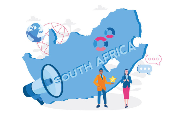 Νότια Αφρική χάρτη με τους ανθρώπους, Καλώς ήρθατε στη Νότια Αφρική, διαφήμιση και promo, Νότια Αφρική οικονομία. Εικονογράφηση διάνυσμα για web banner, infographics, κινητό.  - Διάνυσμα, εικόνα