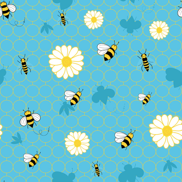 Bees and flowers seamless pattern on geometric blue background design - Vektor, obrázek