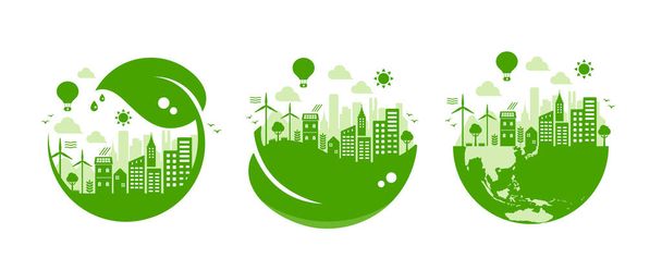 緑のエコシティベクトル図セット(生態系の概念、自然保護 ) - ベクター画像