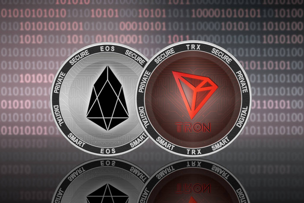 Κέρματα TRON (TRX) και EOS (EOS) στο φόντο του δυαδικού κώδικα: tron vs eos - Φωτογραφία, εικόνα