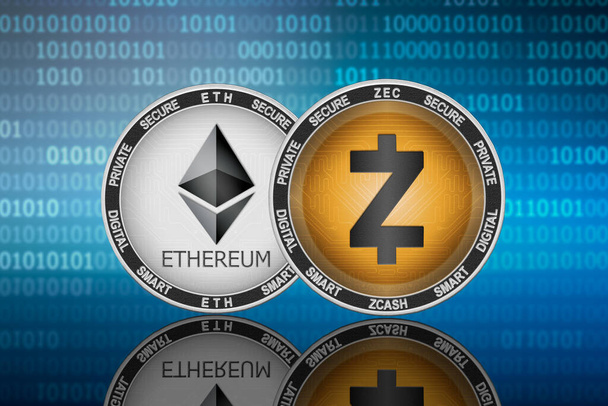 Zcash (ZEC) and Ethereum (ETH) coins on the binary code background; zcash vs ethereum - Photo, Image