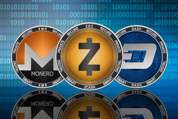 Zcash (ZEC), Monero (XMR) and DASH coins on the binary code background; zcash vs dash vs monero - Photo, Image