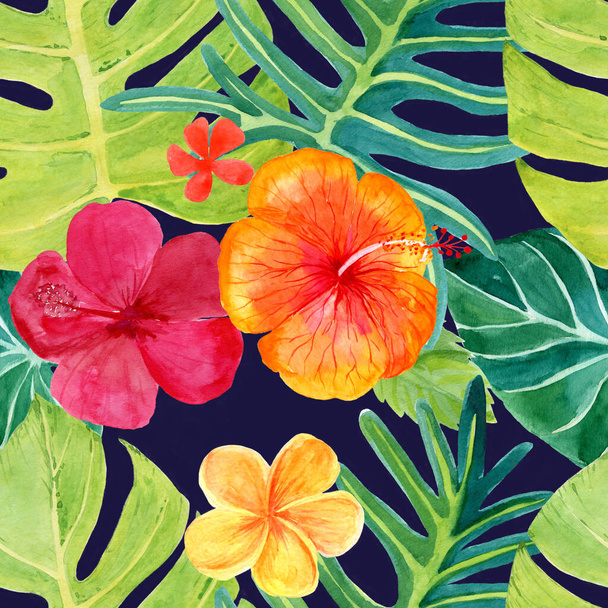 akvarel bezešvný vzor s tropickými květy a listy - Fotografie, Obrázek