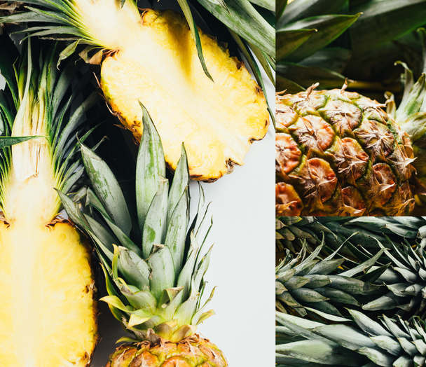 collage of ripe pineapples with green leaves on white background - Zdjęcie, obraz
