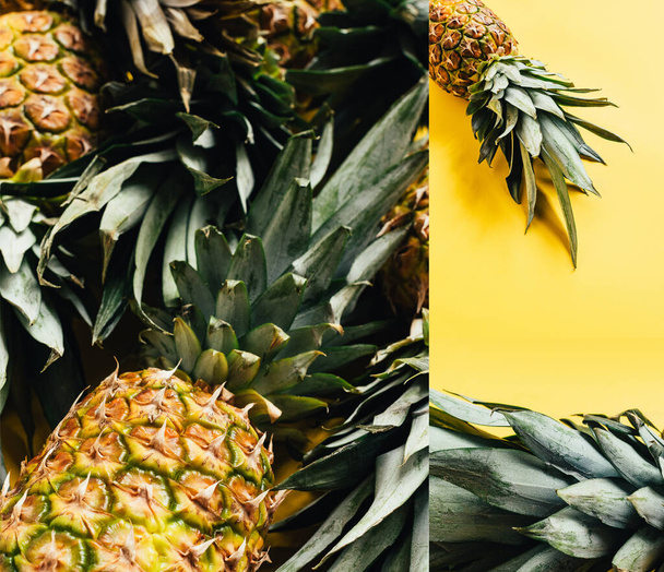 collage of fresh ripe pineapples on yellow background - 写真・画像