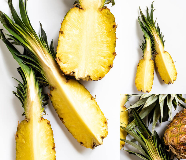 collage of ripe juicy cut pineapples with green leaves on white background - Foto, imagen