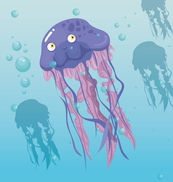 μέδουσες ζώο της θάλασσας στον ωκεανό, στον κόσμο της θάλασσας dweller, χαριτωμένο υποβρύχιο πλάσμα, βιότοπος θαλάσσια - Διάνυσμα, εικόνα