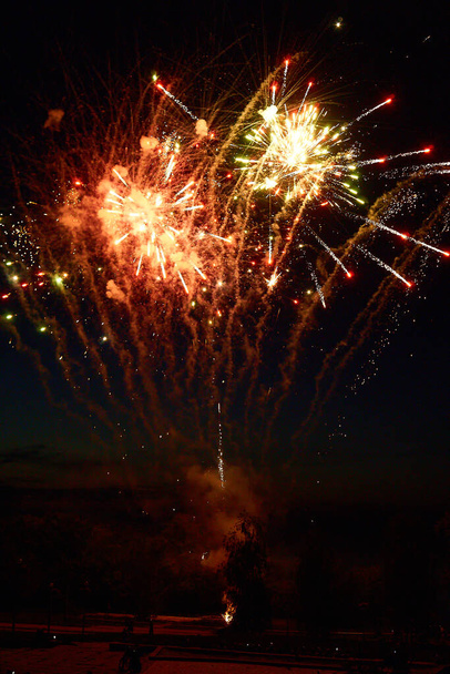Colorful festive fireworks on a black sky background - Photo, Image