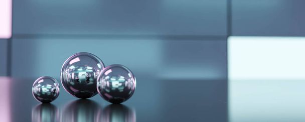 抽象建築の背景とネオン現代の未来的な照明技術の背景を持つステンドグラス鉄金属ボール3Dレンダリングイラスト - 写真・画像