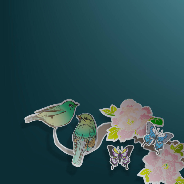 Vector papier gesneden bloemen patroon achtergrond met de hand getrokken vogels, vlinders, tropische Japanse bloemen, takken, pioen. Perfect voor wallpapers, web pagina achtergronden, oppervlakte texturen, textiel. - Vector, afbeelding