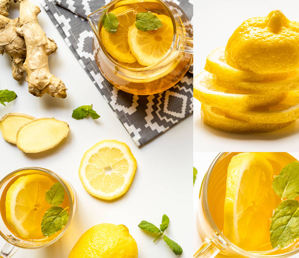 collage of hot tea in teapot on napkin near ginger root, lemon and mint on white background - Φωτογραφία, εικόνα