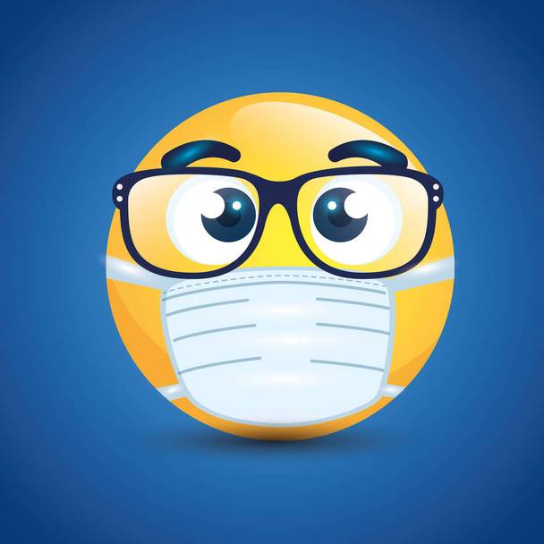 emoji com óculos vestindo máscara médica, rosto amarelo com óculos uma máscara cirúrgica branca, ícone para covid 19 surto de coronavírus
 - Vetor, Imagem