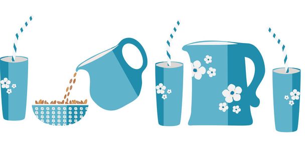 Mandula tej vektor zökkenőmentes határ. Szép kék tálak és korsók zászlaja, egészséges mogyorókat öntve egy pohárba. Friss kézzel rajzolt koncepcionális design tejipari alternatíva, táplálkozás. Kiváló nyomtatás - Vektor, kép