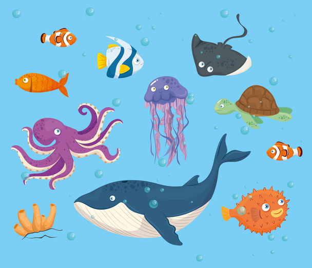 octopus animal marine in ocean, with cute underwater creatures,habitat marine - Vector, Image