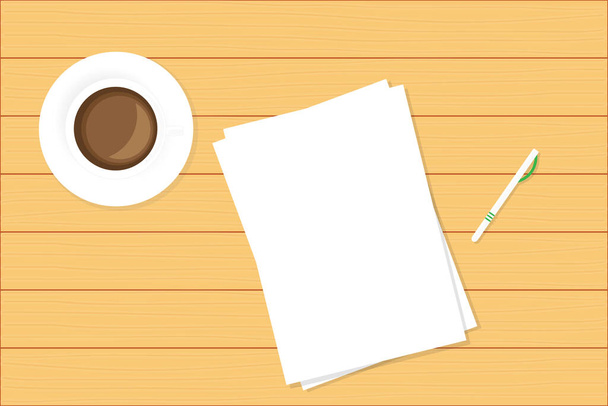 Cup of coffee and paper sheets on the table with empty space for text. Vector background. - Vecteur, image