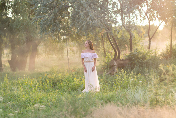 young woman walking in the park. Beautiful girl in a long dress at sunset. Summer and relaxation. Travels - Foto, Imagen