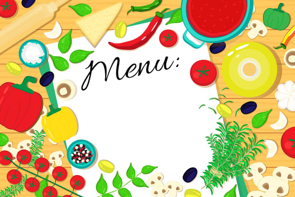 Menu list on the table with food ingredients. Vector illustration background. - Vettoriali, immagini