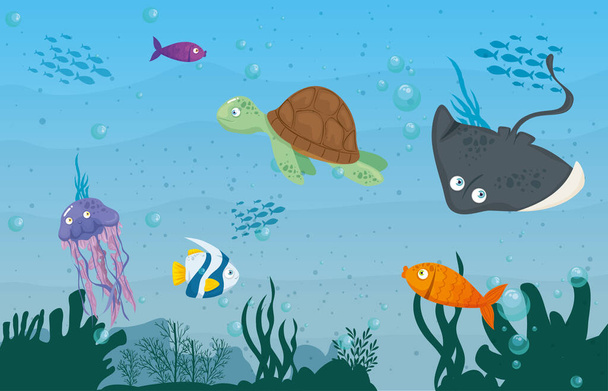 Stingray ζώο της θάλασσας στον ωκεανό, με χαριτωμένα υποβρύχια πλάσματα, βιότοπος θαλάσσια - Διάνυσμα, εικόνα