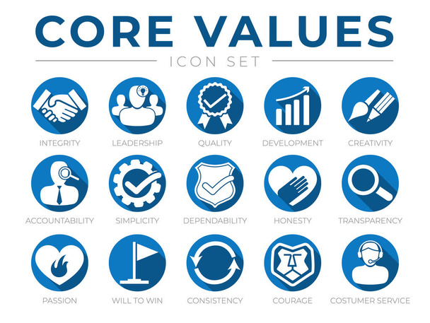 Company Core Values Round Web Icon Set. Integrity, Leadership, Quality and Development, Creativity, Accountability, Simplicity, Dependability, Honesty, Transparency, Passion, Will to win, Consistency, Courage and Customer Service Icons. - Vector, Image